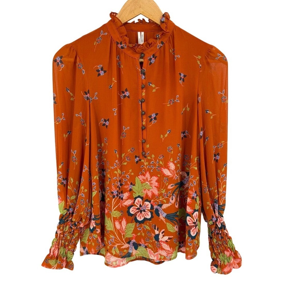 Anthropologie Womens XS Blouse Floral Chiffon Bird Print Ruffle Neck Smocked - Picture 4 of 11